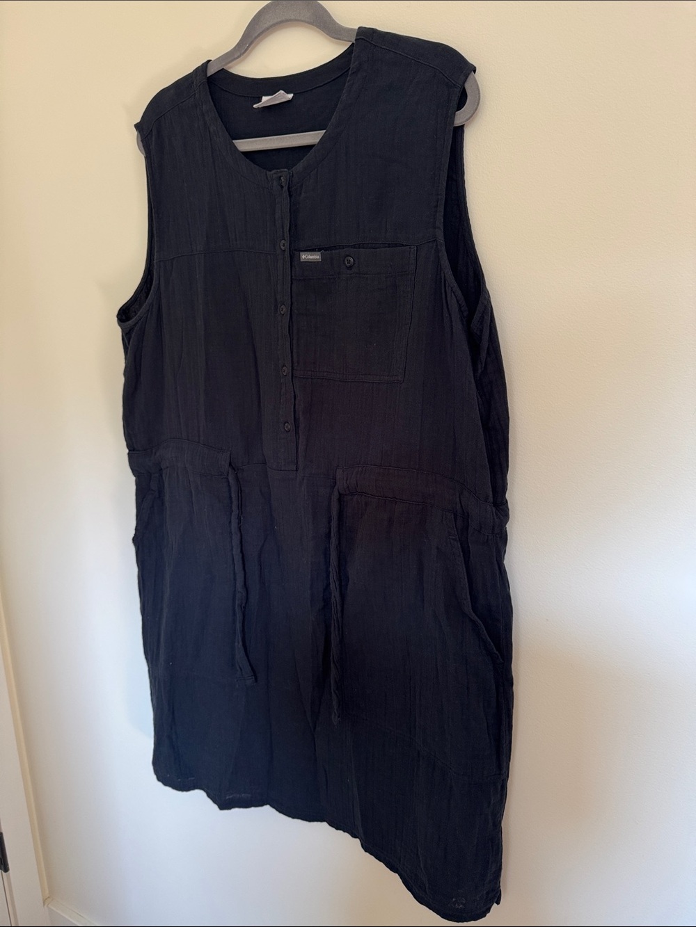 Columbia Black Muslin Sinch Tie Waist Dress Sleeveless Button-Up